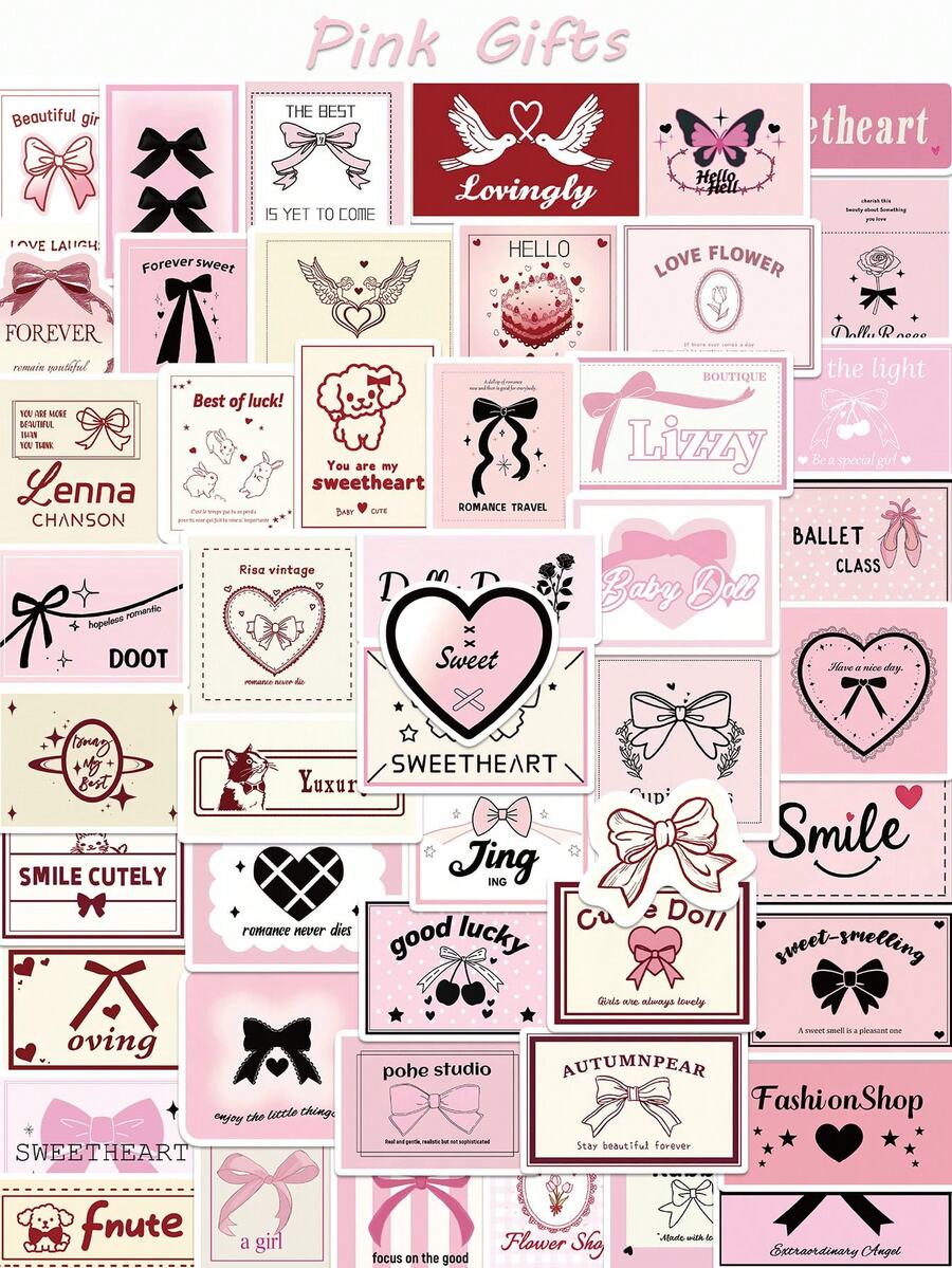 50张粉色唯美贴纸卡通蝴蝶结天使玫瑰贴花DIY手册行李吉他文具滑板青少年礼物贴纸 - 彩色 - 查看 1