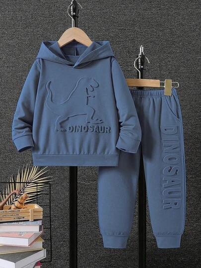Conjunto de 2 piezas de sudadera con capucha y pantalones con estampado 3D de dinosaurio casual para niño pequeño, para primavera/otoño