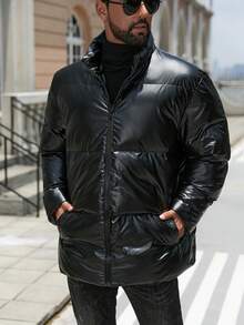 Solid Color Zipper Casual Long Sleeve Jacket, Warm For Autumn/Winter - Black - View 6