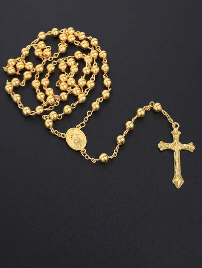 Colares de rosário de 6 mm para mulheres e homens, corrente longa dourada e prateada, pingente de cruz com crucifixo, colar com oração religiosa, joia masculina, presente