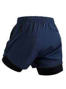 Plus Size Men's Printed Fitness Shorts, 2-In-1 Loose Workout Pants, Elastic Breathable Running Shorts, Summer Sports - Blue - View 3