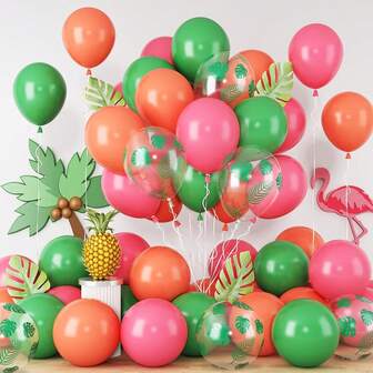 Palloncini rosa e verdi a forma di rose tropicali per feste a tema fenicottero e luau hawaiano, decorazioni estive per feste di compleanno con stampa a foglie tropicali, palloncini in lattice rosa e verdi ad elio per archi (con 1 nastro incluso)