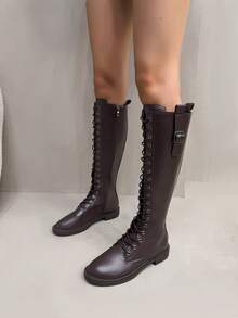 2025 Botas Femininas Cano Alto de Salto Baixo com Bico Redondo, Última de Outono/Inverno, Com Cadarço e Zíper Interno, Casual, Confortável, Moda Versátil e Sexy, Adequado para Bailes, Festas, Festivais de Música, Etc.