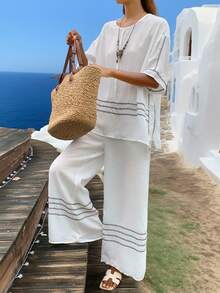 女士两件套，波西米亚风撞色休闲圆领T恤上衣和阔腿裤，白色夏季款 - 白色 - 查看 4