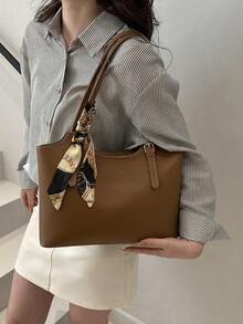 Fashionable Unique Design Shoulder Bag, Versatile With Stitching Underarm Strap, Scarf Decor, Large Capacity Book Tote Bag, Suitable For Women Commuting, Vacation, Outdoor - Brown - View 3
