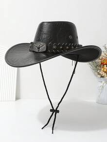 1pc Women's Denim Hat, Fashion Leather Heart-Shaped Crown Rolled Brim Cowboy Hat, Unique Outdoor Travel Party Performance Cap, Paired With Wide Belt & Bull Head Metal Belt Decor, Unisex Versatile Style - Brown - View 12