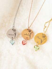 Personalized Birth Flower Necklace With Heart-Shaped Birthstone, Custom Name Engraved Pendant Gift, Suitable For Women, Mother's Birthday Gift, Christmas Jewelry, Holiday Gift, Christmas Gift, Thanksgiving Gift, Halloween Gift - Multicolor 1 - View 6