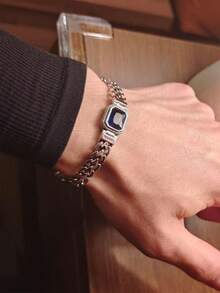 1pc Vintage Punk Style Handmade Heart Chain Blue Zirconia Stone Bracelet, Elegant Men's Accessory Gift