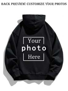 男士黑色定制字母及照片图案拉链连帽衫，正面可印制创意文字，背面可印制全幅图案，情侣/生日礼物/俱乐部制服/周年纪念特供，四季皆宜，简约时尚，可定制印制姓名/日期/标语/手绘图案，秋季长袖上衣 - 黑色 - 查看 3