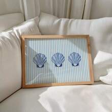 1pc Seashell Striped Wall Art, Pink And Cream Blue Printed Canvas Painting, Beach Summer Poster, Retro Aesthetic Decor, Suitable For Living Room, Beach House, Apartment, Dorm, Gift For Her, Frameless Or Framed Option - Multicolor - View 6