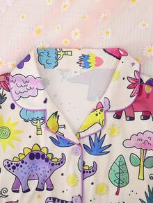 2 件套女孩和青少年休闲恐龙派对图案印花翻领长袖开衫和裤子睡衣套装，阻燃，适合所有季节