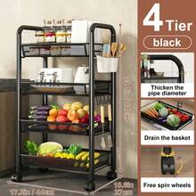 Senmeo Fruit Vegetable Basket Storage Cart 5 Tier Snack Cart Stackable Metal Mesh Vegetable Organizer With 360 Degree Wheels And Four Hooks 41 Inch High For Kitchen Pantry Bathroom Storage Black