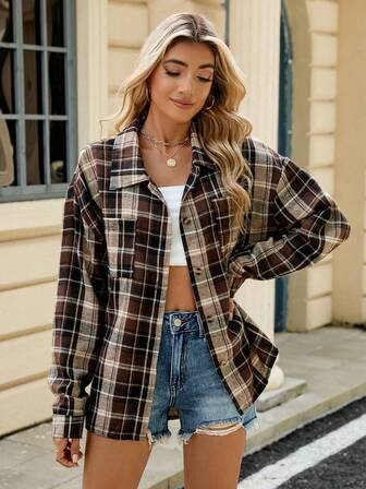 Women's Long Sleeve Plaid Contrast Color Button Front Cardigan, Casual Street Style Fashion Jacket For Autumn/Winter