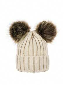 1pc Women's Fashion Double Pom Pom Ear Warmer Knit Beanie Hat, Warm For Outdoor, Students, Suitable For Daily Wear, Autumn/Winter - Multicolor - View 4