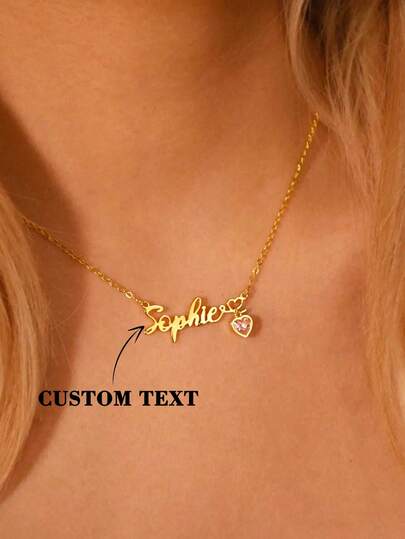 Personalized Name Necklace With 12 Birthstones - Customized Cursive Gold-Tone Chain, Women's Gemstone Jewelry, Elegant French Style Birthday & Valentine's Day Gift, Suitable For Daily Or Party Wear, Customized Name Necklace, Personalized Accessory Personalized Name Necklace With Birthstones, Birthstone Heart Jewelry, Valentine's Day Gift, Christmas Gift