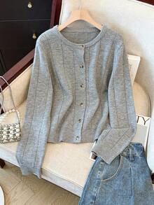 Cárdigan casual de manga larga con cuello redondo y botones para mujer, adecuado para uso diario