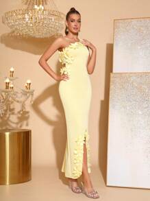 New Elegant 3D Floral Decor Deep V-Neck Sleeveless Dress, Suitable For Wedding Guest, Bridesmaid, Holiday Party, Formal Evening Gown