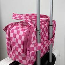Checkered Toiletry Bag,Large Capacity Water-Proof Plaid Cosmetic Bag,Women Multi-Partitions Makeup Bag,Dust-Proof Wide-Open Puffy Organizers For Travel Accessories , Portable Travel Bag With Strap For Putting On Suitcase - Màu Hồng Tươi - Xem 8