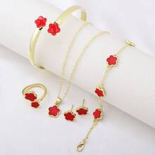 5 Pieces Of Popular Lucky Clover Fashion Lucky Stud Necklace Bracelet Ring Five-Piece Set With Five-Petal Flowers, Suitable For Parties And Festivals
