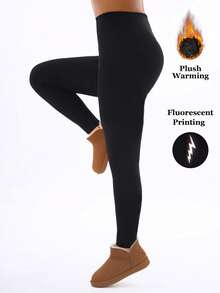 1 Pack Women's Thermal Lined Black Leggings With Reflective Lightning Print, Glow-In-The-Dark Design, Soft & Comfortable For Yoga, Workout, Outdoor Activities, Casual Wear, Stretchy & Slimming - Black - View 9