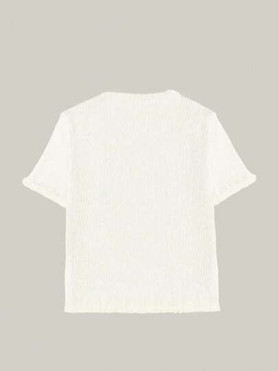 Women's Summer Button Ear Design Beige Knit Top, Elegant Casual Short Sleeve Knit Sweater, Suitable For Dates And Daily Wear White