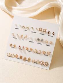 40pcs/Set Fashionable Faux Pearl & Rhinestone Decor Heart & Flower Dangle Earrings Suitable For Women's Daily Wear - Multicolor - View 2