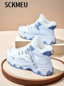 SCKMEU 1 双女士时尚系带羊毛厚底踝靴,轻便休闲,适合雪天 - 藍色 - 查看 4