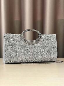 晚会焦点：银色亮片晚宴包，搭配金属环手柄，闪耀优雅，为您的派对造型增添光彩 - 銀色 - 查看 8