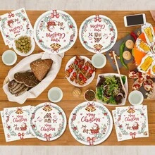 105 Pcs Christmas-Themed Disposable Tableware Set, Featuring Santa Claus And Little Bell Designs. This Party Set Includes Disposable Paper Plates, Cups, Straws, And Decorations With A Cute Christmas Background Style, Perfect For Christmas Parties, Birthday Parties, And Other Celebrations.