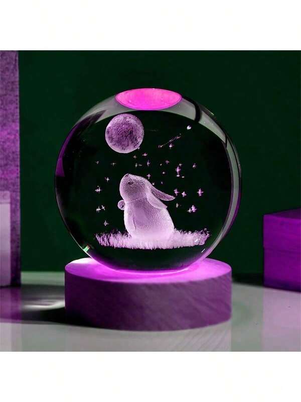 3D Rabbit Moon Laser Engraved Crystal Ball LED Night Light, Birthday Gift For Girlfriend, Classmates, Boys, Girls, Parents, Wife, Christmas & Valentine's Day Gift, Bedroom, Office, Home Decor, Suitable For Christmas Gift, Office, Bedroom, Hotel, Party, Restaurant Decoration