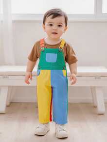 Toddler Baby Girl Boy Summer Overalls Romper Sleeveless Color Block Striped Jumpsuit Shorts Adjustble Shoulder Strap Suspender Shortalls - 綠黃藍 - 查看 6