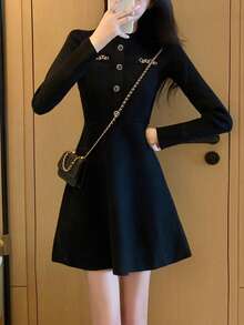 女士优雅修身针织毛衣裙，秋冬