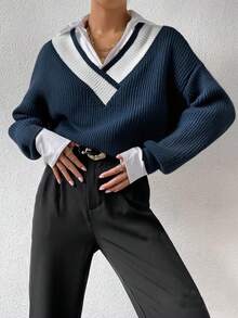 2025 Nouveau pull ample décontracté rétro à col V manches longues pour femmes, blocs de couleurs, adapté pour l'automne/hiver, Halloween, Noël, Fête nationale saoudienne, Nouvel An, Remise des diplômes, Soirée élégante - Bleu marine - Voir 5