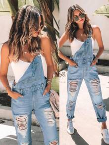 Peto vaquero de mujer con efecto desgastado, rasgado y desgarrado, mono de mezclilla azul lavado cómodo para uso casual diario en primavera - Azul claro - Ver 3