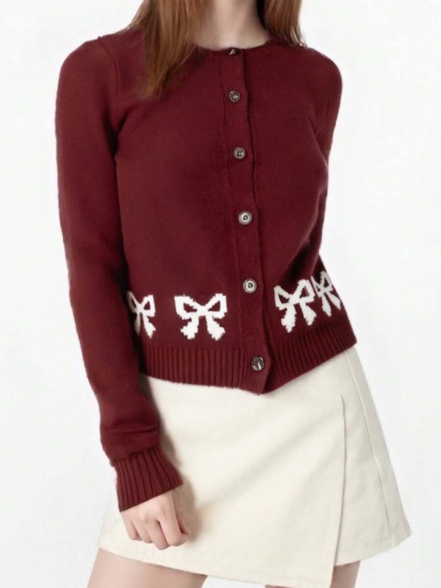 Women's Crew Neck Knit Cardigan Long Sleeve Bow Print Ribbed Hem Button Down Sweater Outwear - Burgundy - View 1