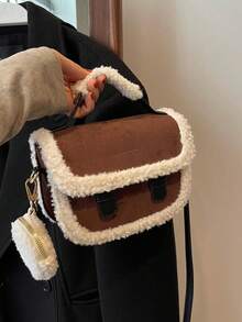 Fashionable Coffee-Color Suede Fuzzy Trim Mini Handbag - Coffee - View 3