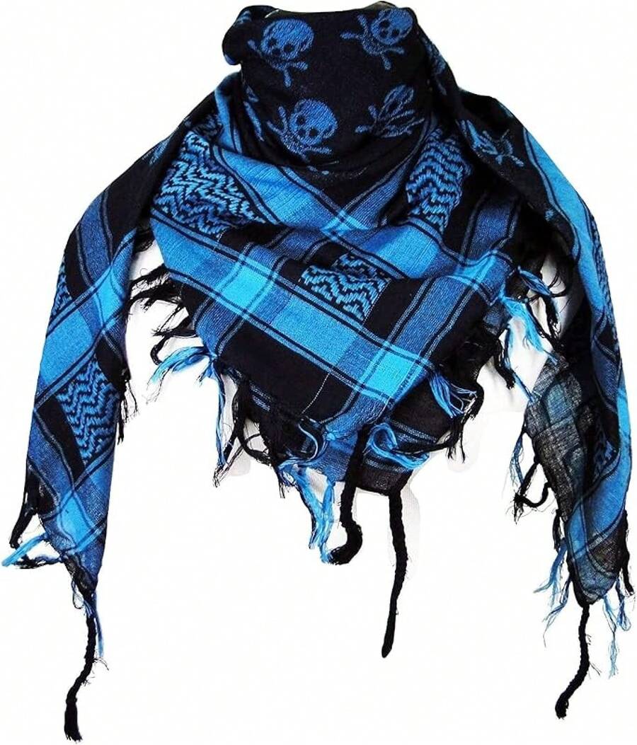 Premium Shemagh Neck Scarf, Fashionable Accessory - Skull - Turquoise Blue/Black - View 1