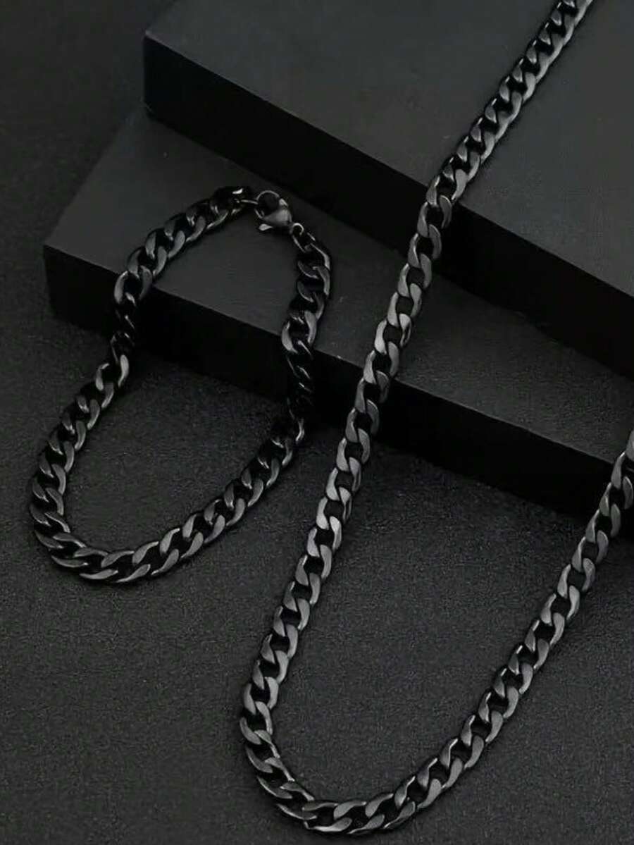 2pcs Black/Silver Chain Necklace Set, Minimalist Retro Jewelry Set For Men, Suitable For Daily Wear