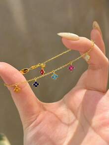 1pc 925 Sterling Silver Colorful Diamond Four-Leaf Flower Bracelet, Luxury Jewelry Accessory For Women, Elegant & Versatile, Suitable For Valentine's Day, Birthday, Party And Daily Wear - Gold - View 2