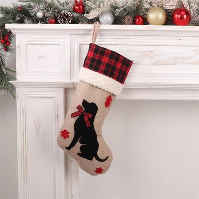 Cute Cat Print Christmas Stocking Hanging Ornamen Rustic Dog Christmas Stocking Candy Bags For Fireplace Mantel Decorations