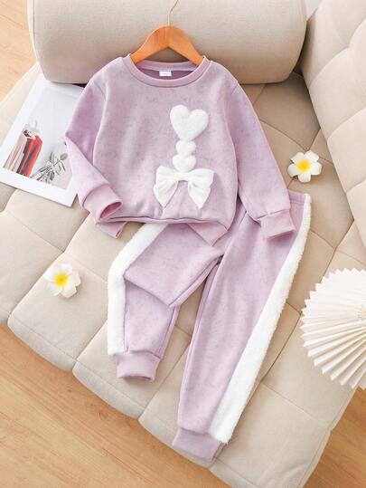 Autumn/Winter New Girls' Heart & Bow Splice Color Casual Fashion Top And Splice Color Casual Pants Set
