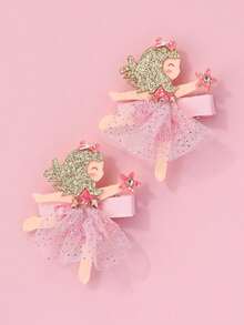 2pcs/Set Frozen Princess Element Hair Clips, Laser Cut Glitter Non-Woven Fabric & Mesh Material, Padded Design, Suitable For Women Daily Hair Decoration