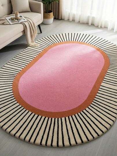 1pc Roze Gestreepte ative Rug, Oval Faux Wool Zachte Com Tafel Bedside Living Room Balcony Area Home Multiple Sizes Available Bedroom Small Outdoor Washable Plush Furry Thick/Fluffy
