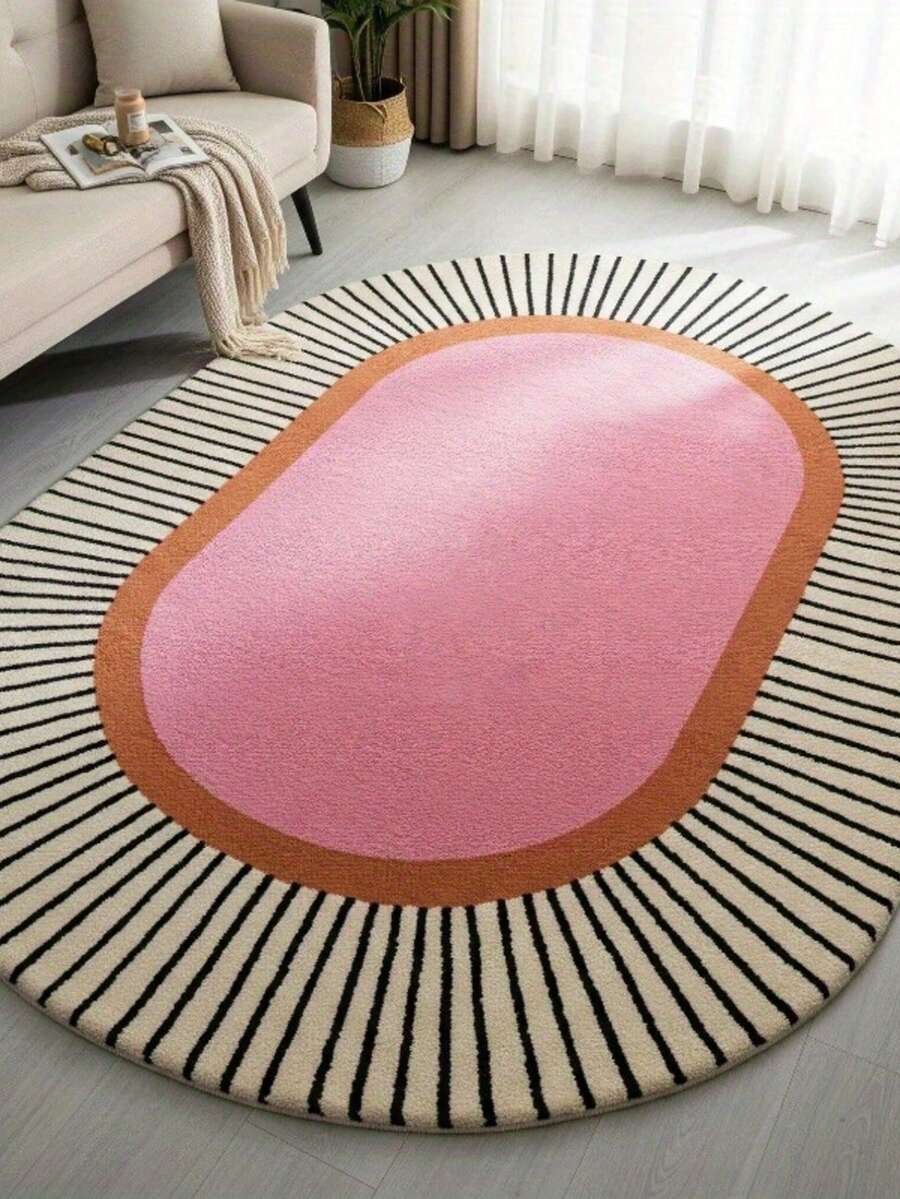 1pc Pink Striped Decorative Rug, Oval Faux Wool Rug, Soft Comfortable Bedside Rug, Living Room Balcony Rug, Area Rug, Home Decor, Multiple Sizes Available Rug, Bedroom Decor, Small Rug, Rug, Living Room Rug, Living Room Small Rug, Bedroom Rug, Living Room Home Decor, Outdoor Rug, Washable Rug, Plush Rug, Furry Rug, Autumn/Winter Rug, Thick/Fluffy