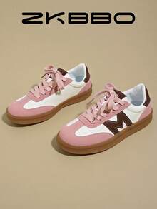 ZKBBO Women's Casual Sports Shoes, Retro Lace-Up Round Toe, Lightweight Comfortable Non-Slip Fitness Walking Sneakers - Pink - View 4