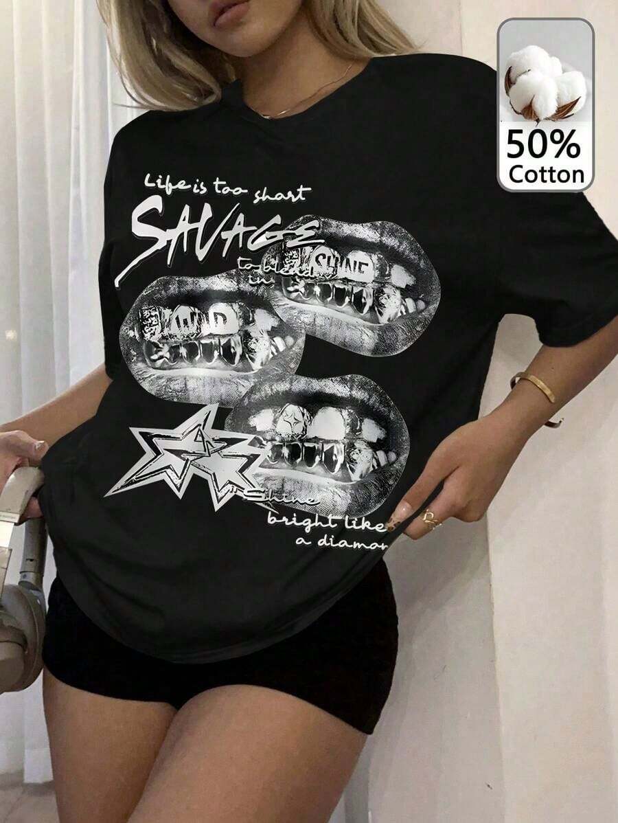 Loose Casual T-Shirt With "Savage" Lips And Stars Print, Retro Style, Soft 50% Cotton, Suitable For Summer - Black - View 1