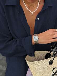 Áo sơ mi cotton trơn màu Look Polly dành cho nữ, kiểu dáng đơn giản, cài cúc một hàng phía trước, tay dài, thích hợp cho trang phục đi biển và nghỉ mát hàng ngày. - Hải quân - Xem 7