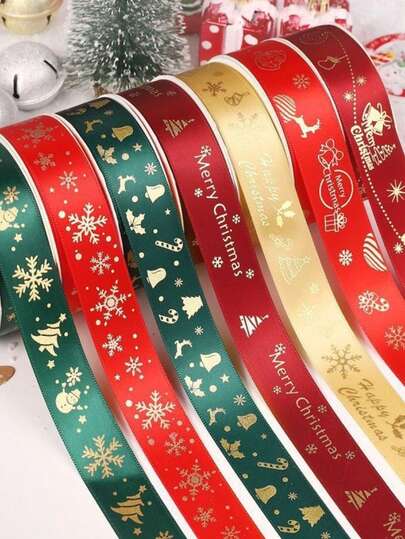 2,5cm*25 jardas Fita de Cetim de Natal, Borgonha e Verde Escuro, Fita com Atmosfera de Feriado com Padrão de Floco de Neve e Árvore de Natal, Adequada para Embrulho de Presentes, Decoração de Festa, Fazer Laços, Costura e Artesanato