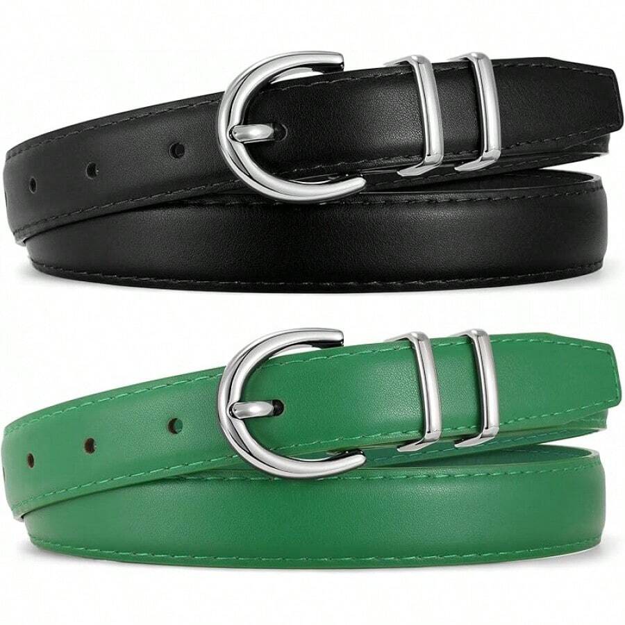 2-Pack Women's Leather Belts For Jeans And Dresses Plus Size - J-黑+綠 - 查看 1
