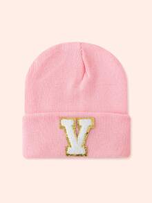 1pc Pink Children's Hat With 26 Letters, Knitted Beanie For Baby Boys And Girls, Warm For Outdoor And Daily Wear - Gold Label-pink Fluorescent Cap - View 64